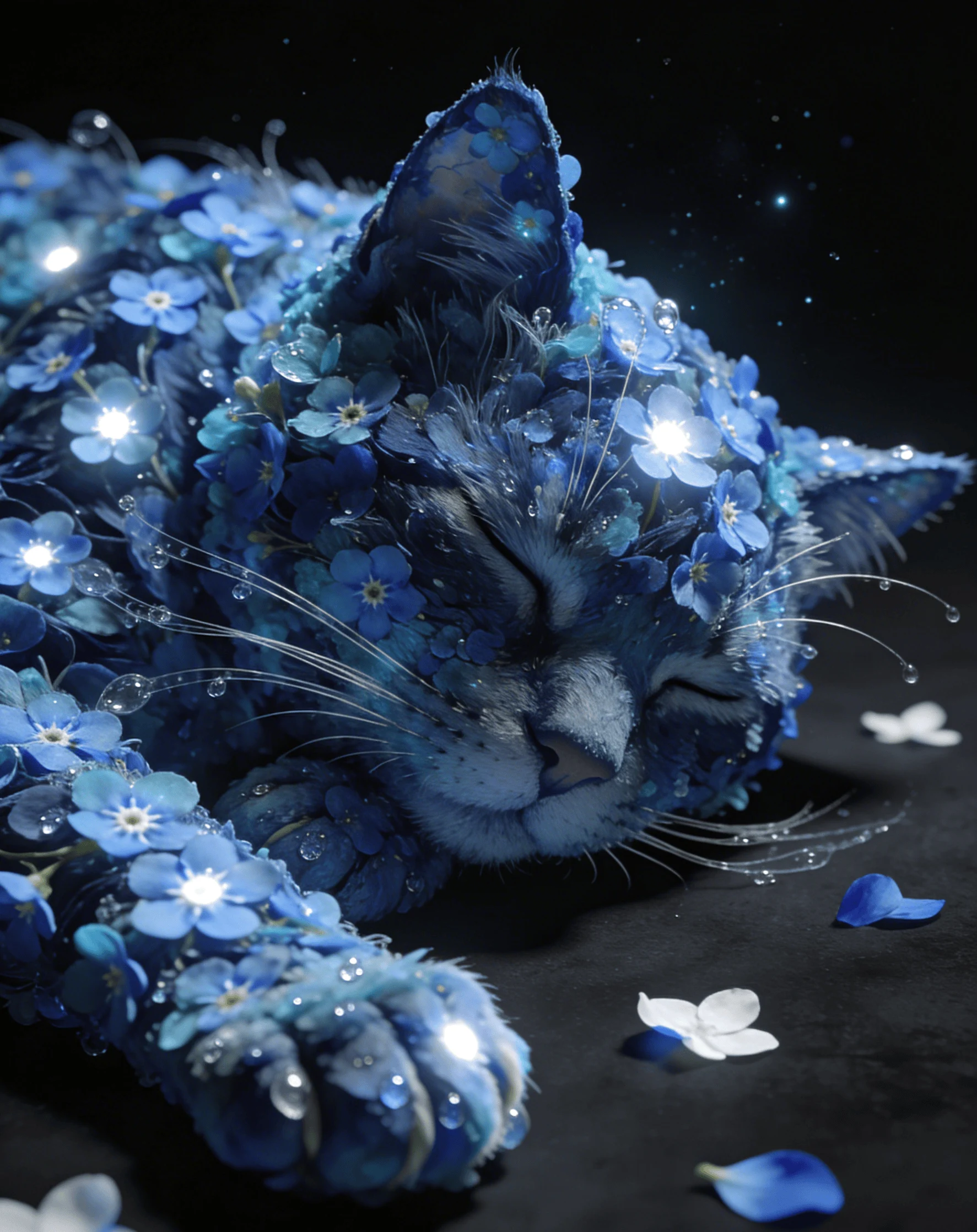 Gatto dormiente fatto di fiori di nontiscordardimé