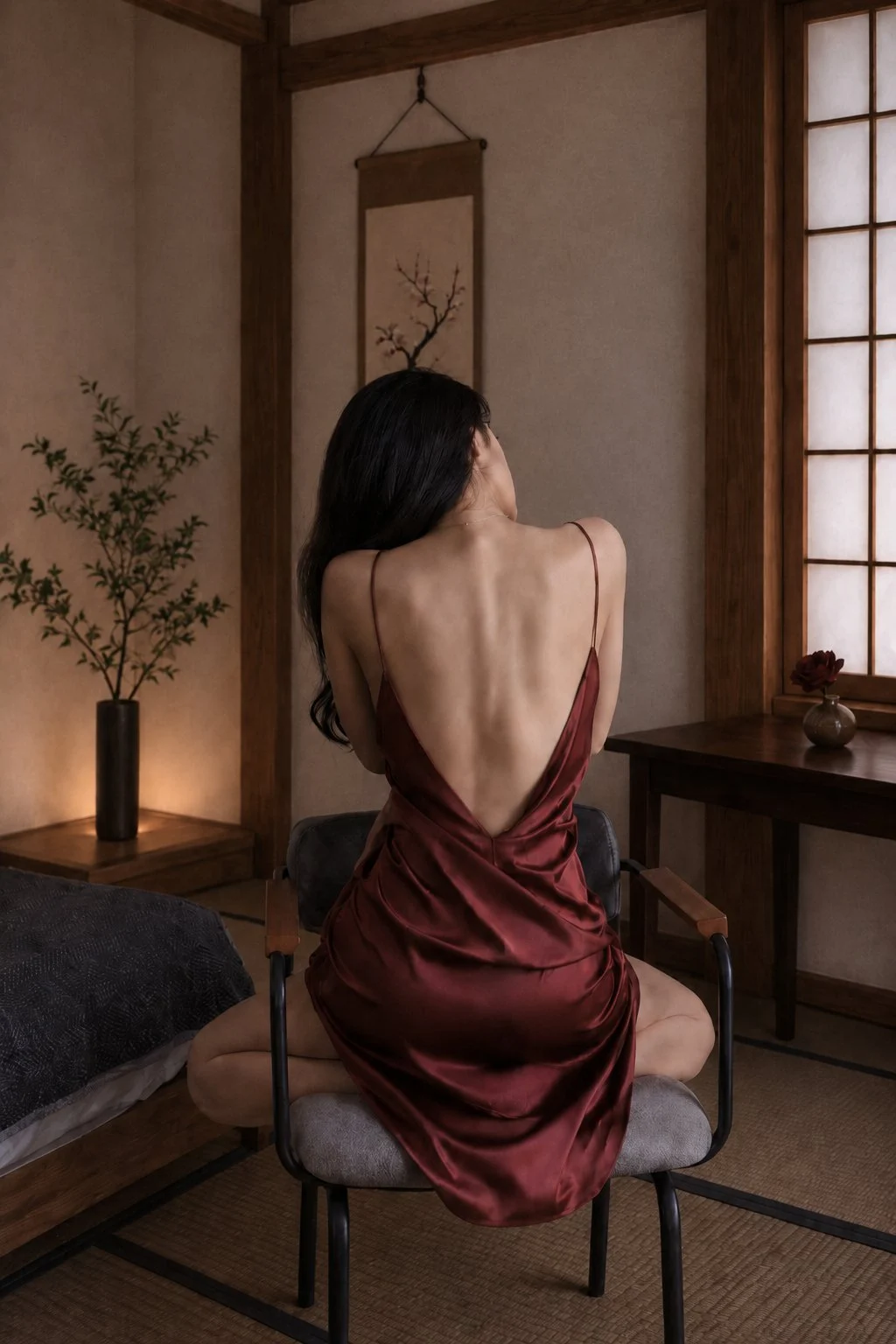Una notte in cui la luce attraverso lo shoji sfiora lentamente le pieghe del raso rosso.