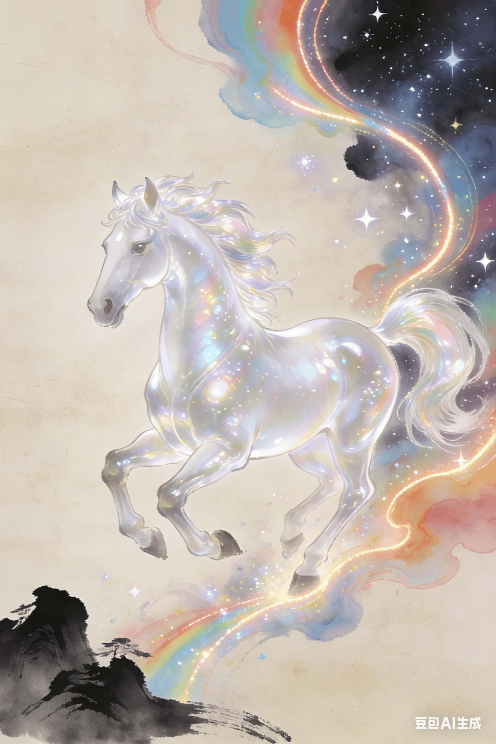 Pegaso di cristallo che calca l'arcobaleno