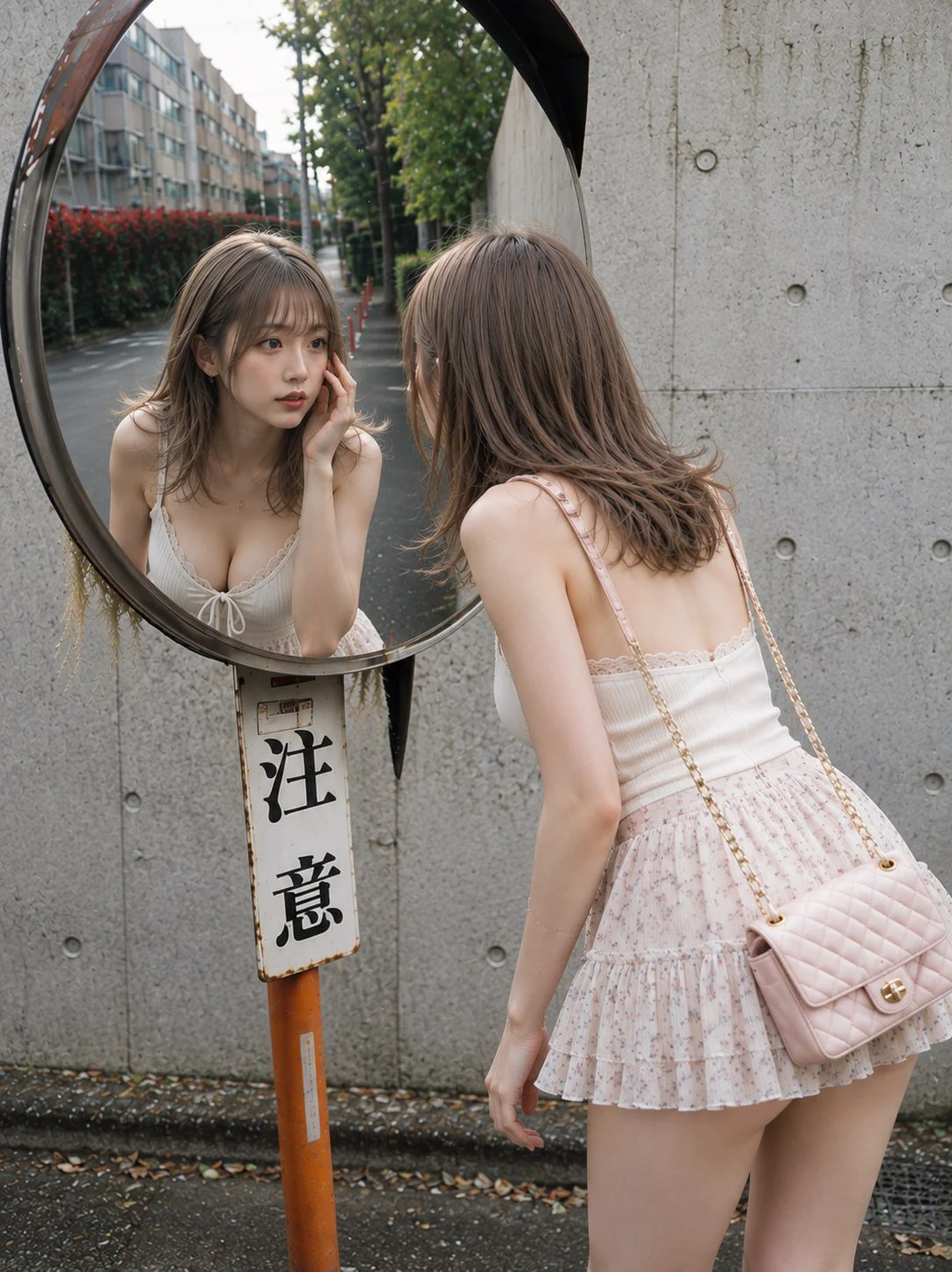 Reflète seulement dans le miroir rond au bord de la route, froufrous à motifs floraux et un petit secret. 🪞🌸🩷