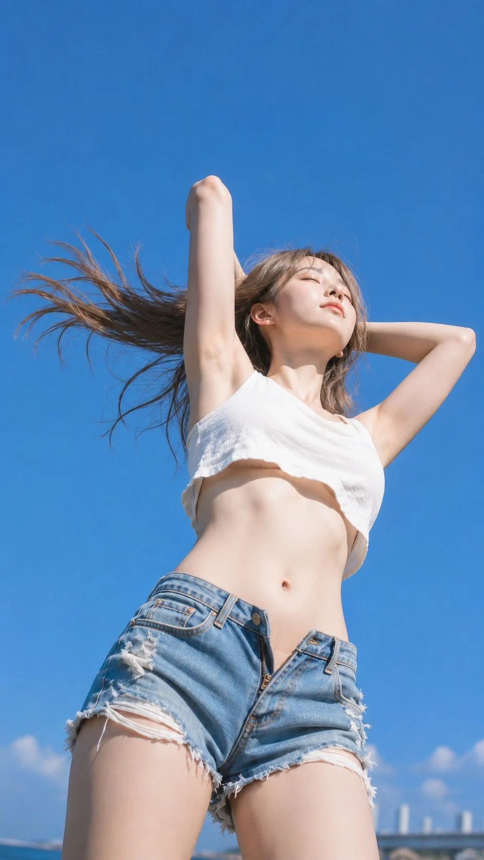 푸른 하늘을 밀어 올리듯, 팔을 뻗는다.