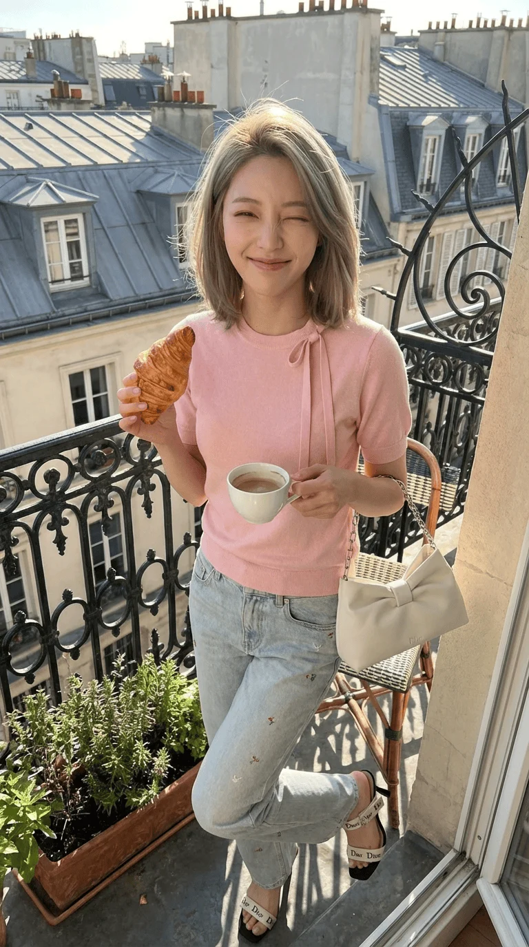Ragazza pigra sul balcone con colazione al croissant