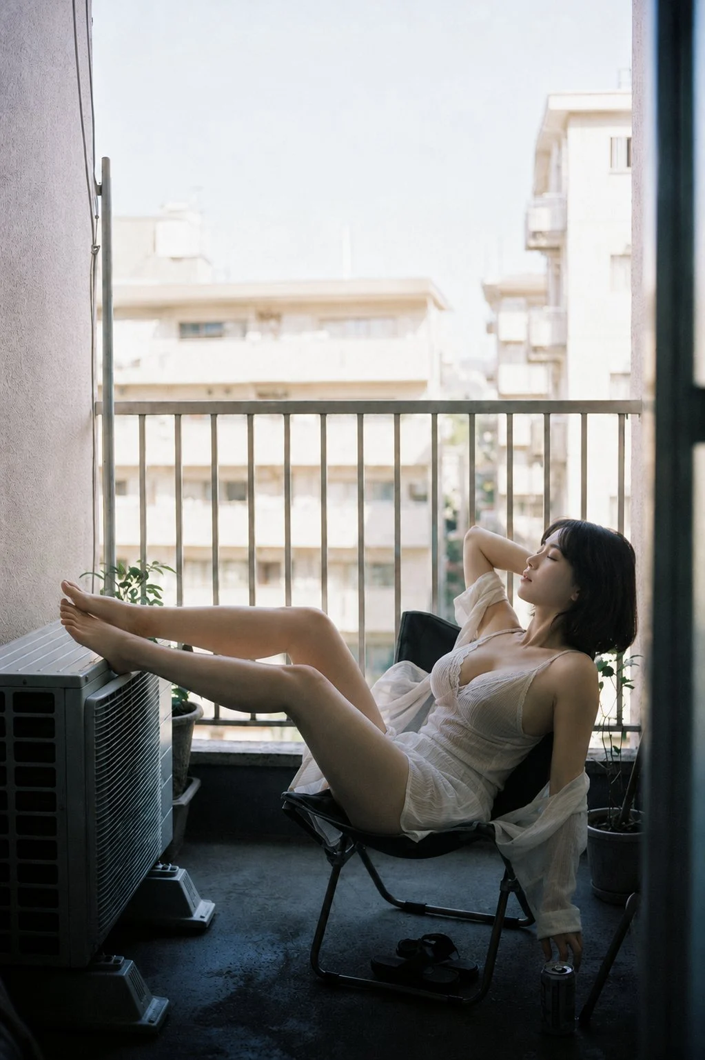 Un piccolo riposo con le dita su una lattina fredda, le gambe distese verso la luminosità della città. 🥫🌿🌤️