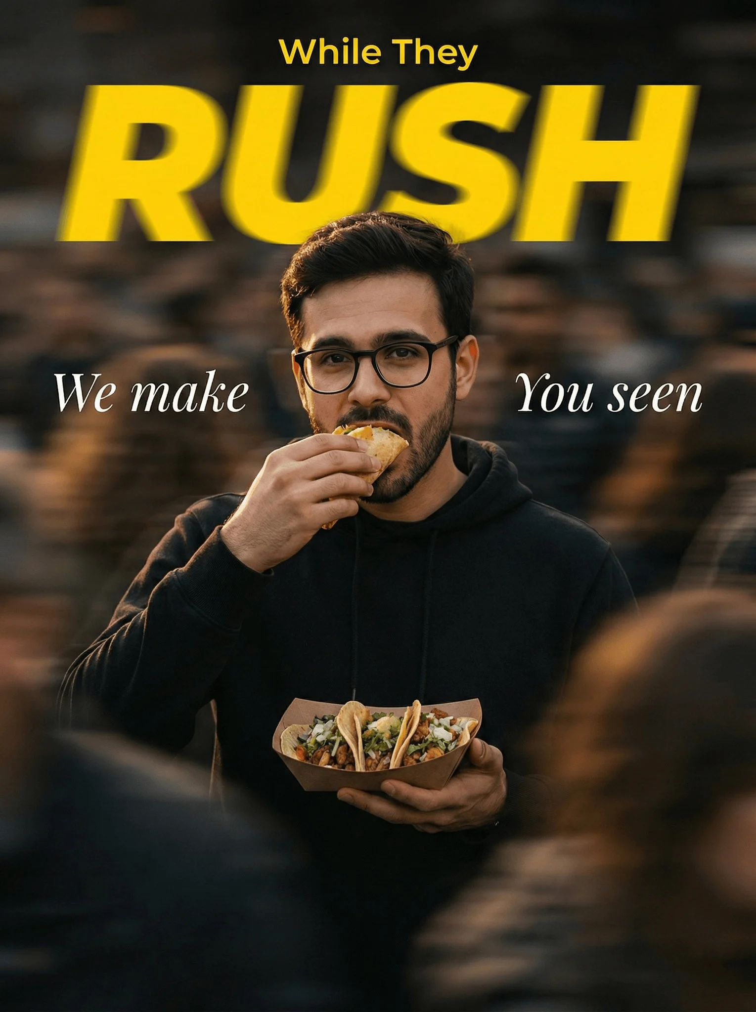 Blockbuster pubblicitario di tacos con contrasto statico-dinamico